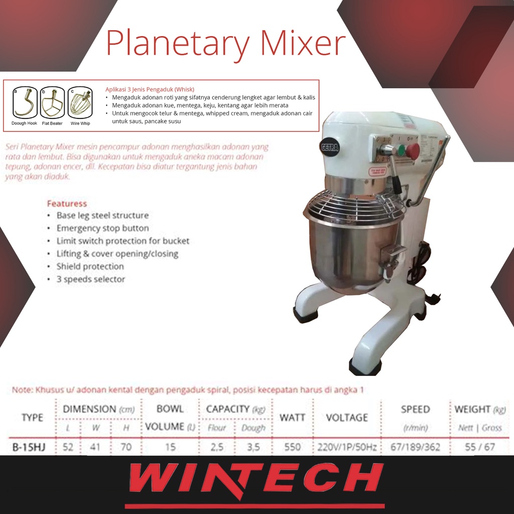 GETRA B-15HJ B15HJ B15 B-15 PLANETARY MIXER MESIN Mixer Roti Kue 5kg 15 Liter Planetary Mixer GARANS