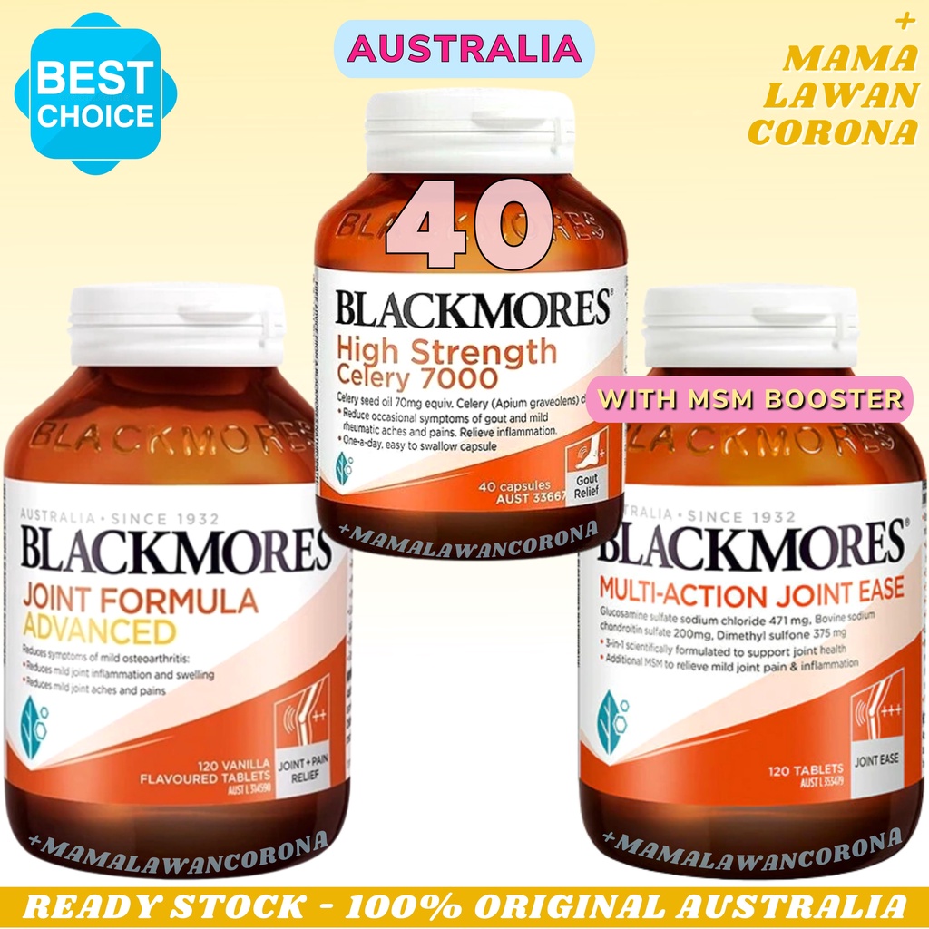 BLACKMORES Joint Formula Advanced 120 Tablets AUSTRALIA Advance / Multi-Action Joint Ease MSM Booster 120 Tablet / High Strength Celery 7000 40 3000 50 / Glucosamine Sulfate 1500mg 180 Capsules Glukosamin Kapsul / Healthy Care Glucosamine HCL mg 1500 400