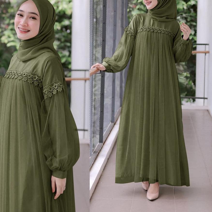 ✼ MAXI DRESS PANJANG NURAINI | GAMIS MUSLIM MURAH PEREMPUAN BROKAT TILE CANTIK RENDA IMPORT TERBARU 