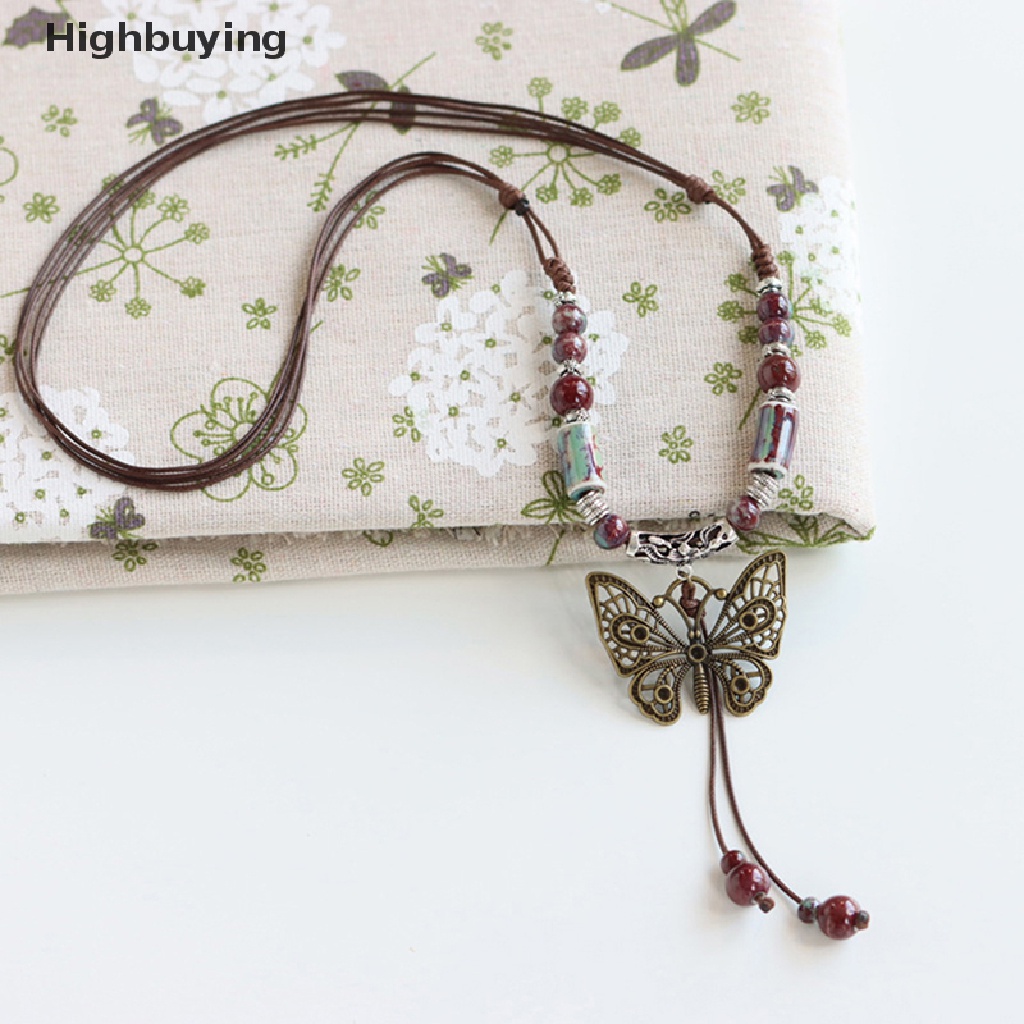 Hbid Manik-Manik Kupu-Kupu Antik Anyaman Rantai Liontin Kalung Panjang Manik-Manik Keramik Rumbai Sweater Rantai Kepribadian Gaya Etnik Liontin Kalung Glory