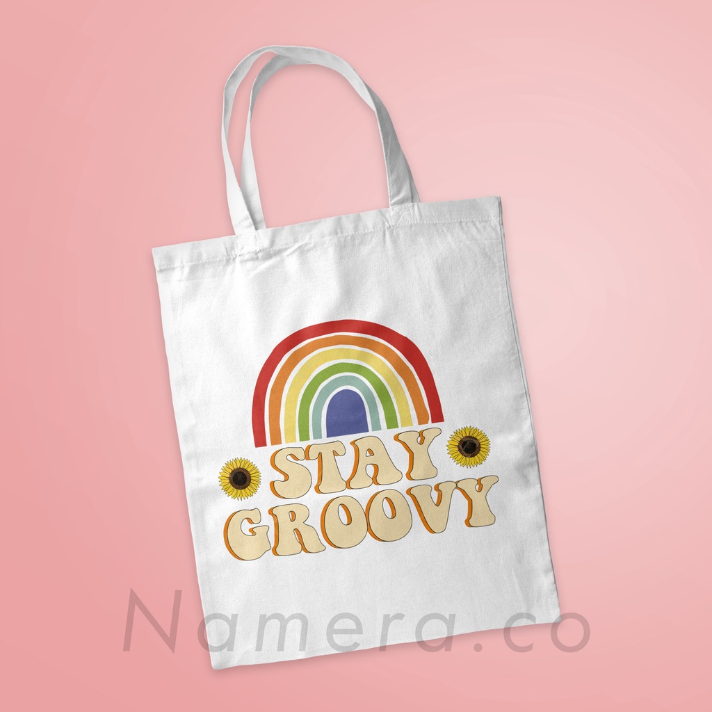 Tote Bag Resleting Kanvas Premium Fashion Tas Totebag Wanita Stay Groovy Quotes