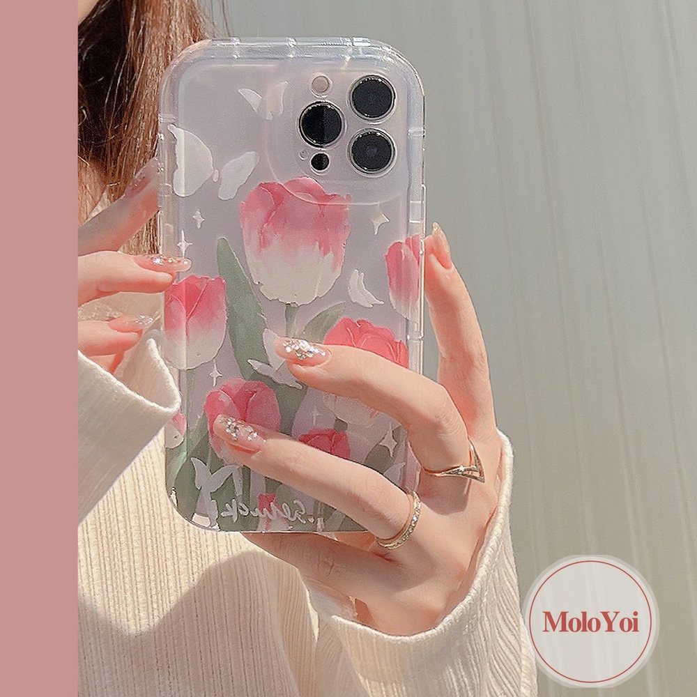 IPHONE Airbag Case Kompatibel Untuk Iphone14 11 6 6S 7 8 Plus 13 12 Pro MAX XR X XS MAX Fashion Segar Musim Semi Bunga Tulip Kupu-Kupu Shockproof Lembut TPU Phone Case