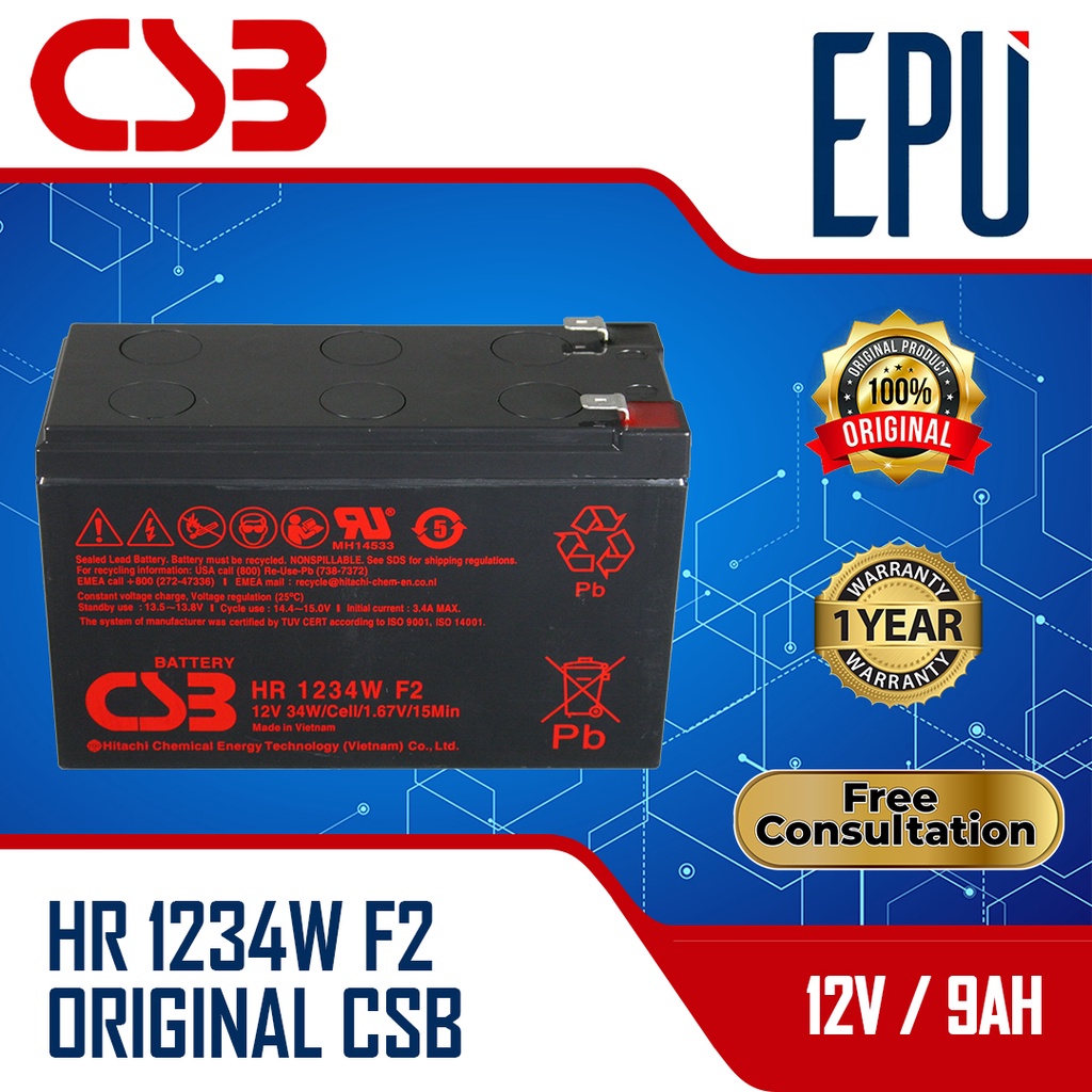 Aki UPS CSB HR 1234 HR1234 Baterai UPS 12V 9AH Batere UPS 12V 34W VRLA