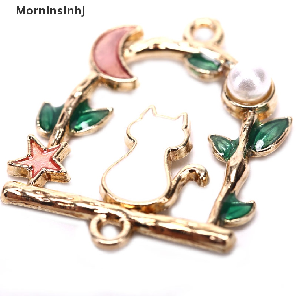 Mornin 10Pcs/Lot Enamel Alloy Bintang Bulan Kucing Ch Liontin Logam Temuan Perhiasan DIY id