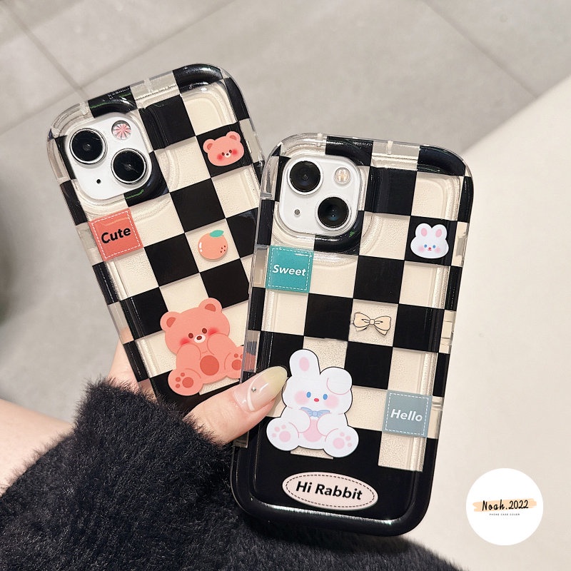 IPHONE Couple Soft Case Kompatibel Untuk Iphone14 13 12 11 Pro MAX 6 6S 7 8 Plus 7Plus 8Plus XR X XS MAX Beruang Lucu Kelinci Kotak-Kotak Kekasih Casing Shockproof Airbag TPU Phone Case