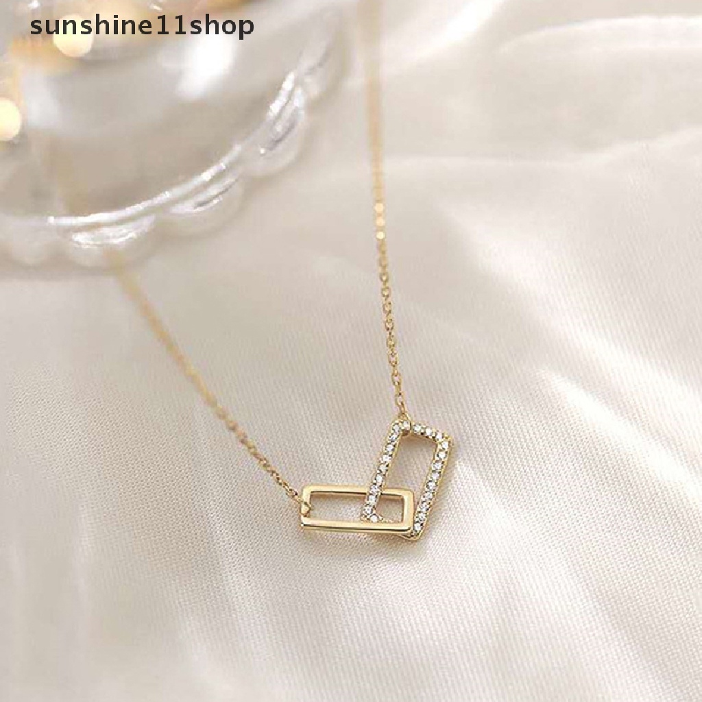 Sho Double-Layer Kalung Persegi Berkedip Berlian Geometris Klavikula Rantai Perempuan Indah Perhiasan Hadiah N