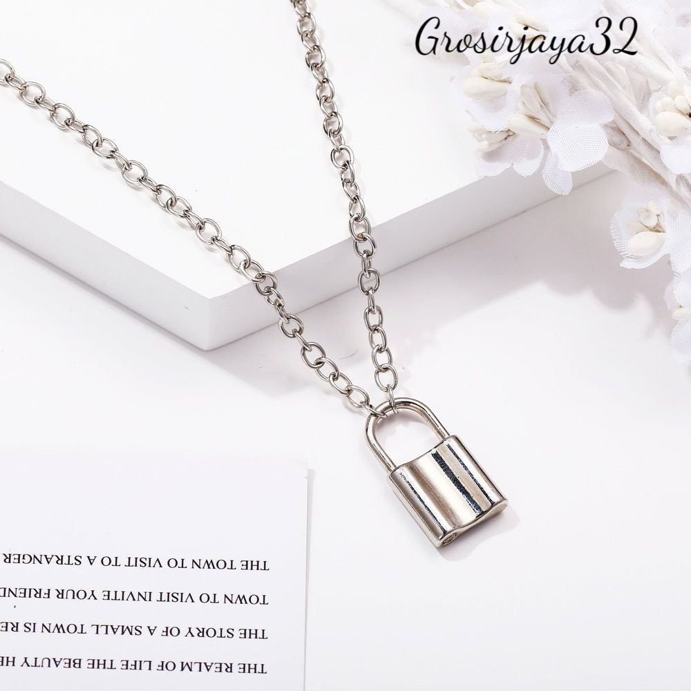 Kalung Rantai Liontin Gembok Boho Bahan Stainless Steel Untuk Wanita