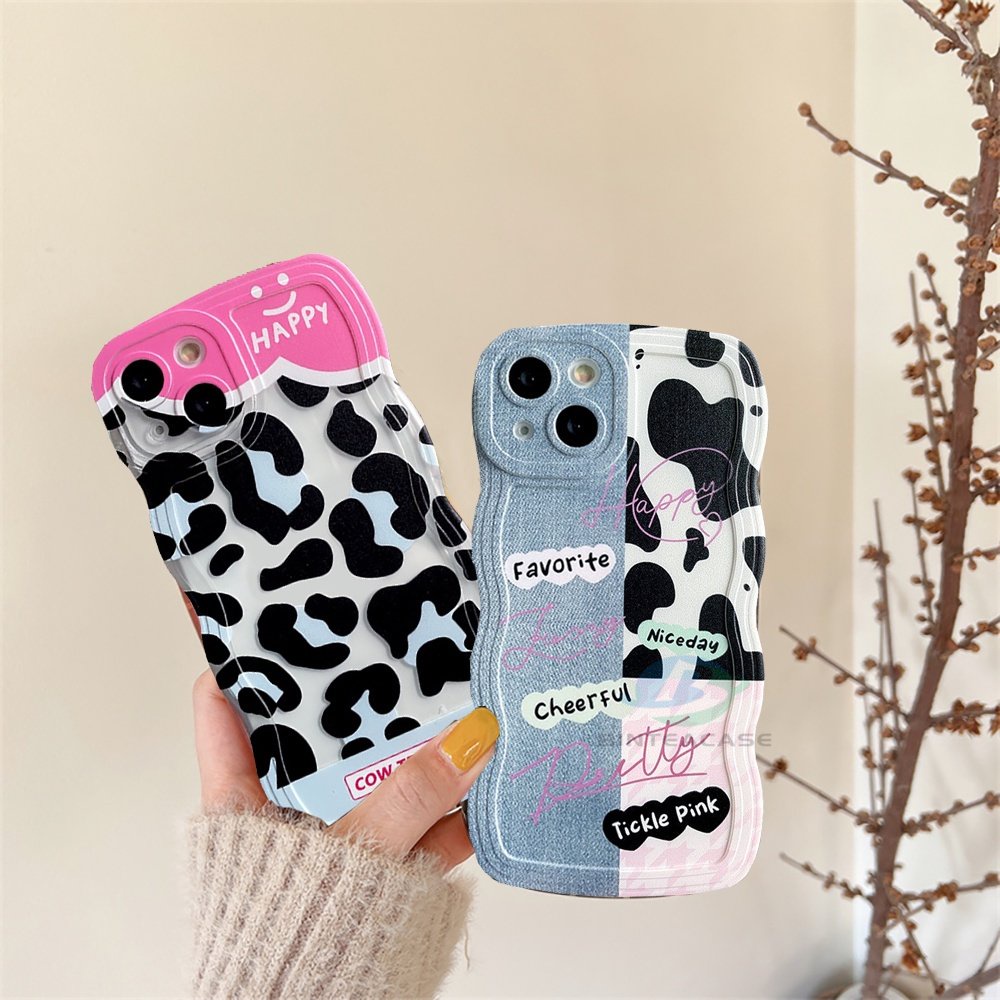 IPHONE Fashion Case Kompatibel Untuk Iphone11 13 12 14 Pro MAX iPhone7 8plus 6s Plus XR 14Plus XS MAX Denim Patch Happy Leopard Print Curved Edge TPU Phone Case Binteacase