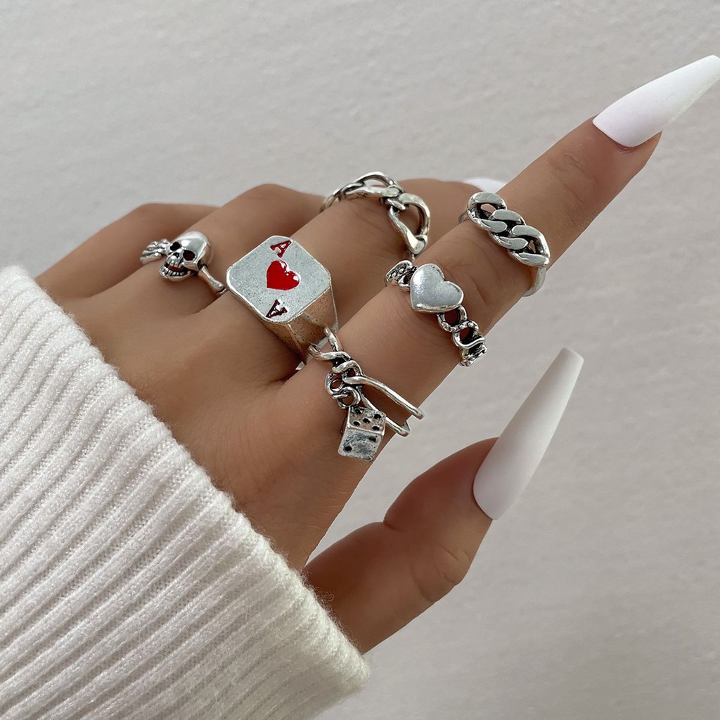 Fashion Hip-hop Gothic Kreatif Dadu Cincin Set Poker Rantai Cinta Tengkorak Kepala 6-piece Ring Set