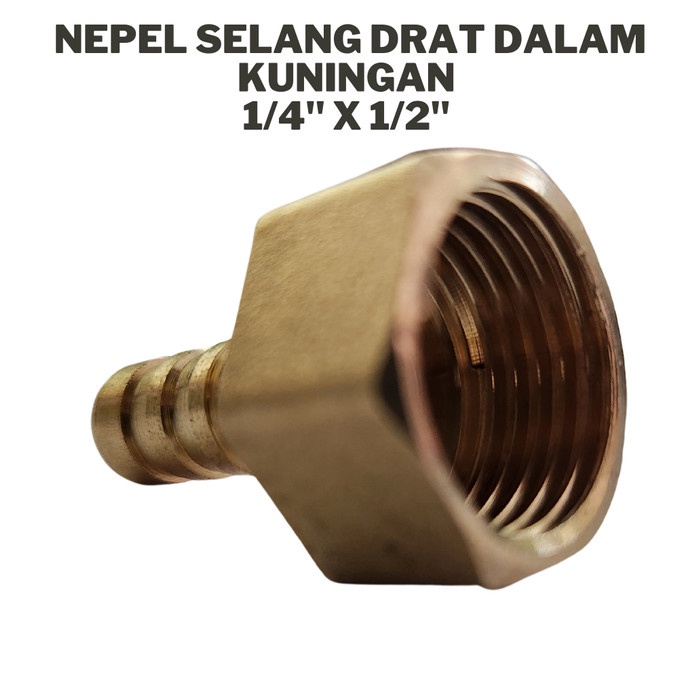 Nepel selang drat dalam kuningan 1/4&quot; x 1/2&quot; / sok selang kuningan