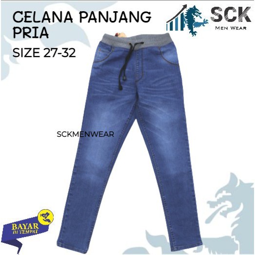 sck - Celana Panjang Pria Jeans CRV Pinggang Karet Model Standar ukuran 27-38 / Celana Santai Kolor Karet Rip Pinggang Karet 27-38 - sckmenwear GROSIR