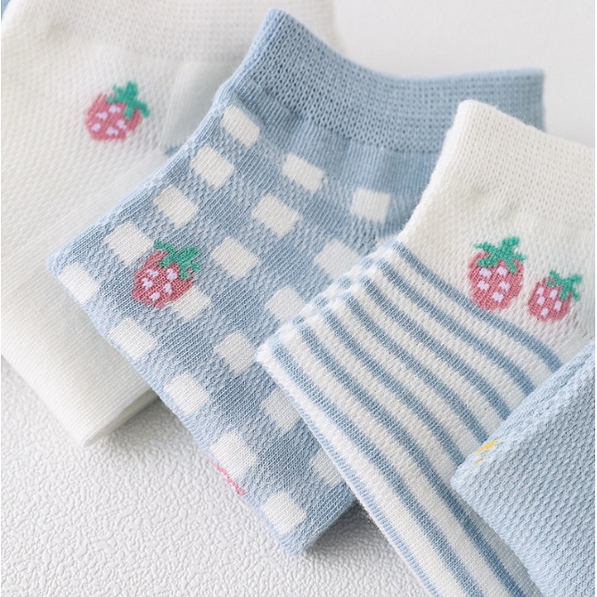 PA Kaos Kaki Wanita Pendek Strawberry SS216 Kaos Kaki Motif Buah Garis Kotak Unisex Semata Mata Kaki Ankle Karakter Biru Socks Korean Model Simple Cute SS216