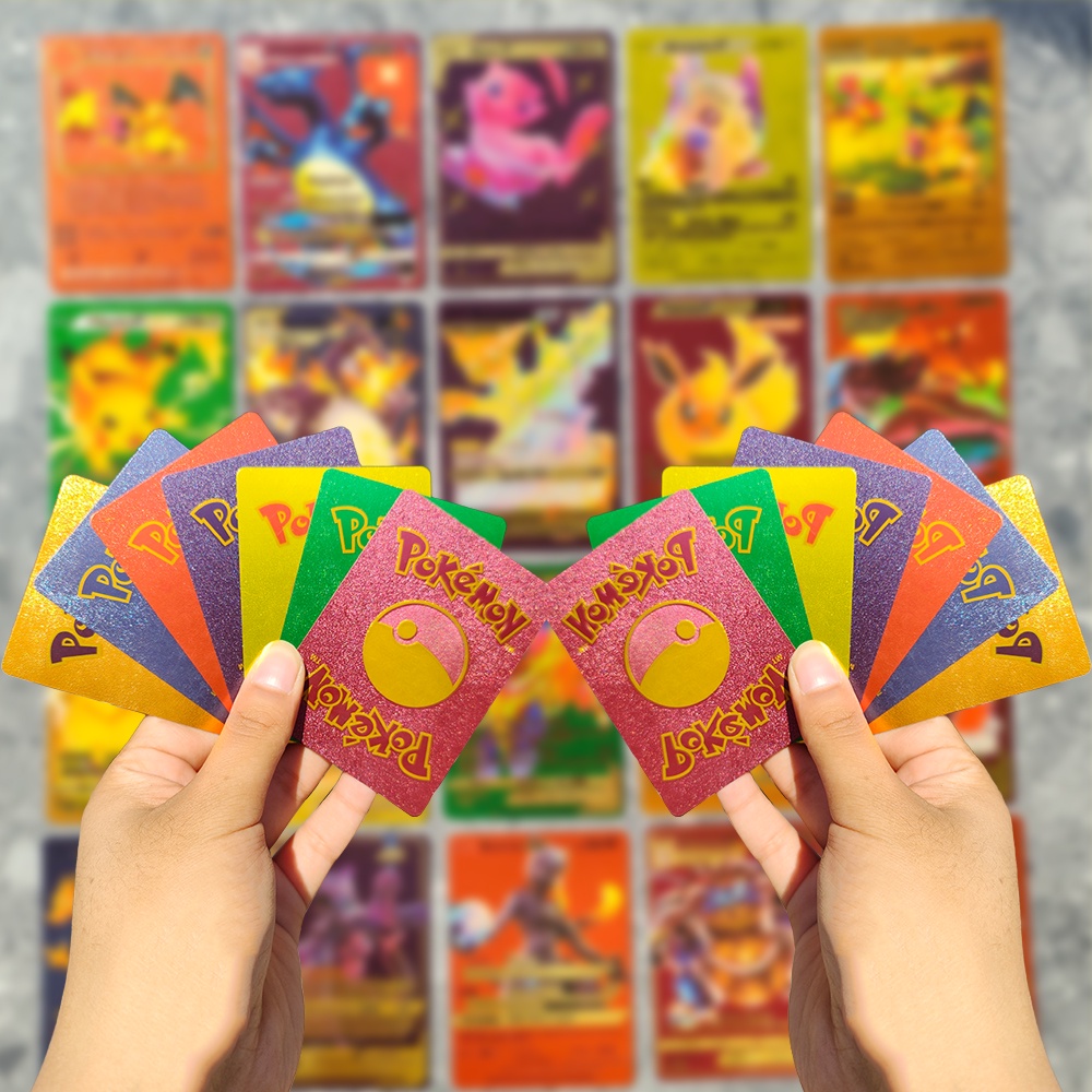 55 Pcs Rainbow foil Emas Kartu Logam Pokemon Versi Inggris Charizard Pikachu Trainer Card Koleksi Permainan Mainan Battle Trainer Cards