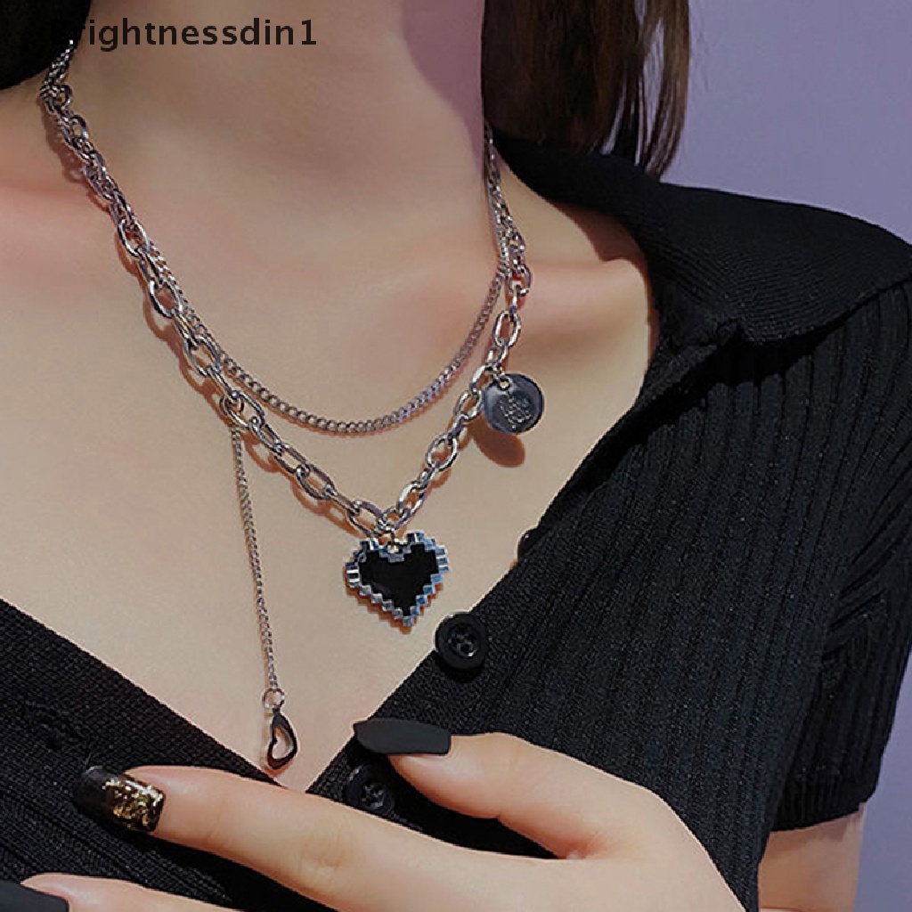 [Brightnessdin1] Fashion Wanita Seksi Klavikula Liontin Kalung Mosaik Hitam Cinta Hati Kalung Halus Ganda Link Rantai Kalung Surat Sederhana Liontin Klavikula Rantai Perhiasan Hadiah Bo