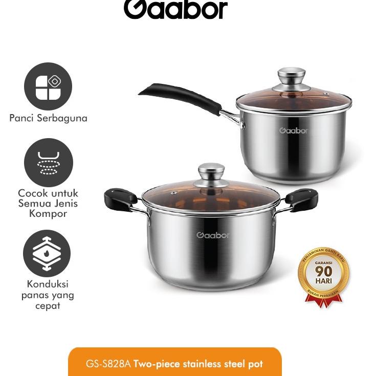 Grosir Pemesanan Gaabor Panci 2 Set Stainless Steel Tutup Kaca Panci Sop Panci Susu /GS-S82A
