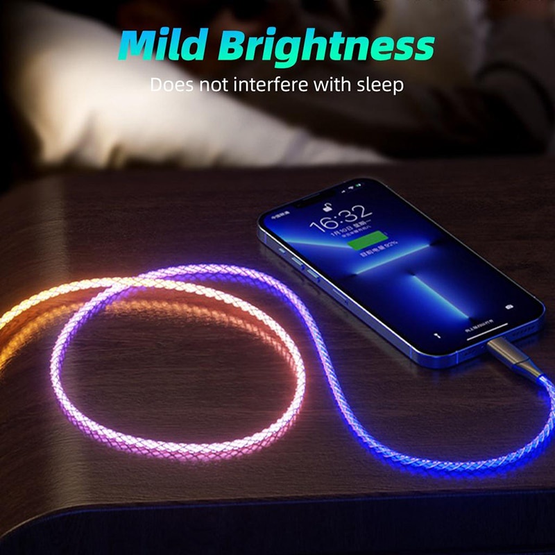 3in1 RGB 6A 66W Kabel Pengisian Super Cepat Micro USB Tipe-C Charger Cable Flow Cool Colorful Glow Data Line Untuk iPhone Android