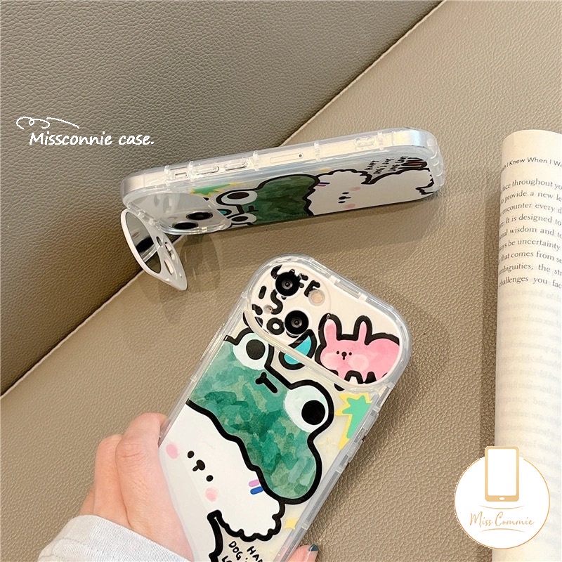 Graffiti Kartun Hewan Soft Case Kompatibel Untuk IPhone 7Plus 11 12 14 13 Pro Max X8 7 Plus XR XS Max SE 2020 Flip Make Up Cermin Kelinci Lucu Kodok Anjing Ponsel Cover