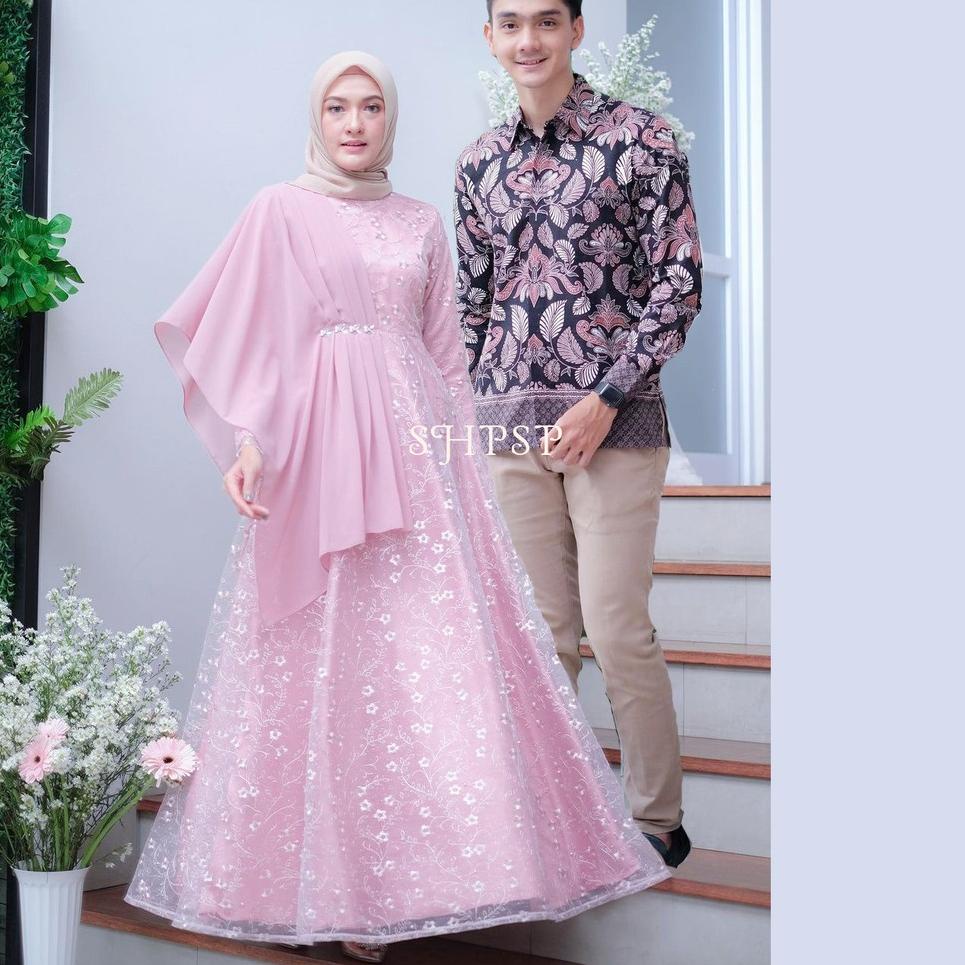 Stok Terbatas SHOPASHOP SOLO Batik Couple Rayya Tulle mutiara kombinasi ceruty payet & kemeja batik