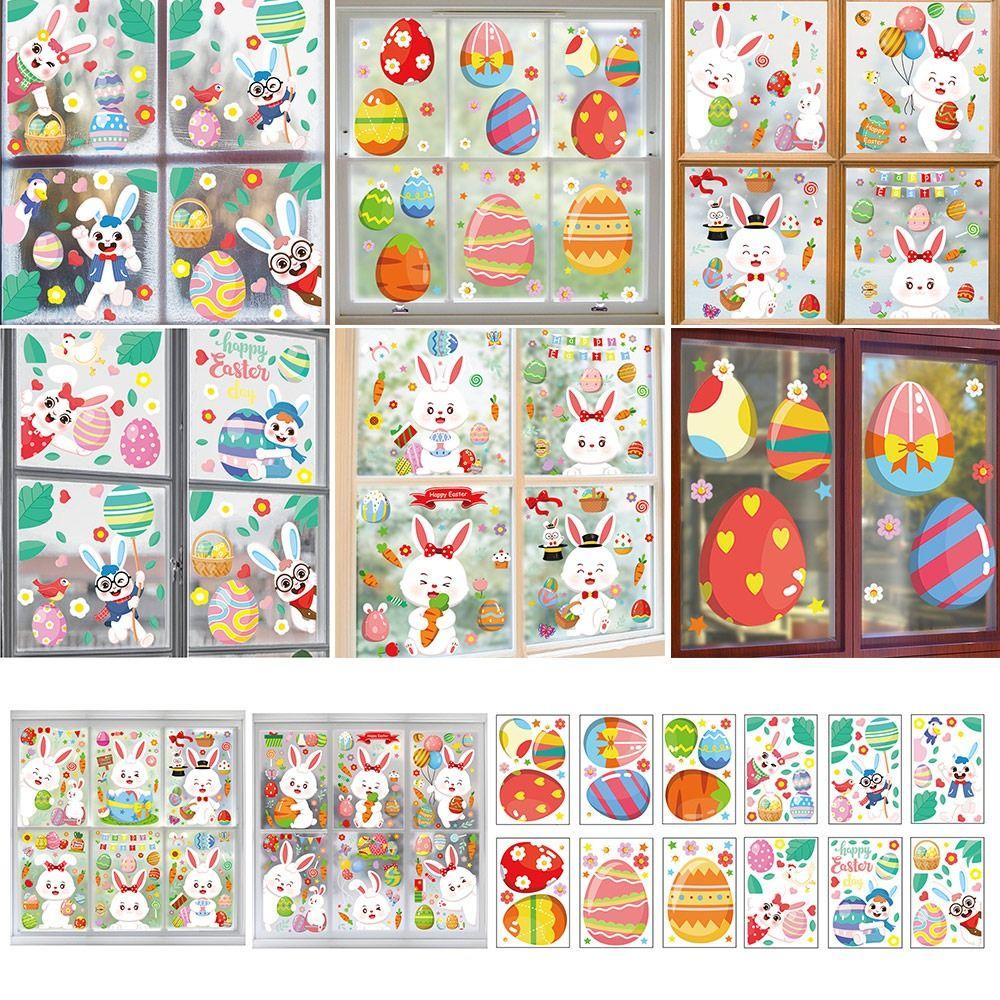 Nanas 1set Easter Rabbit Static Sticker Removable Perlengkapan Festival Jendela Toko Tempel Telur Ayam