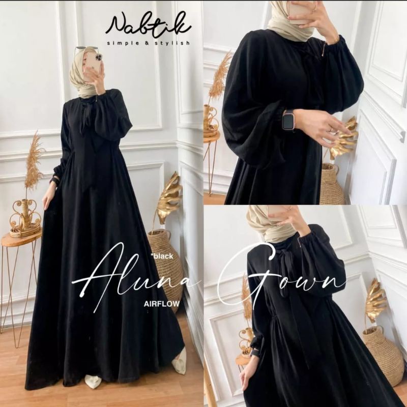 PROMO GAMIS ALUNA GOWN SERIES GAMIS POLOS WARNA HITAM GAMIS LEBARAN WARNA PUTIH