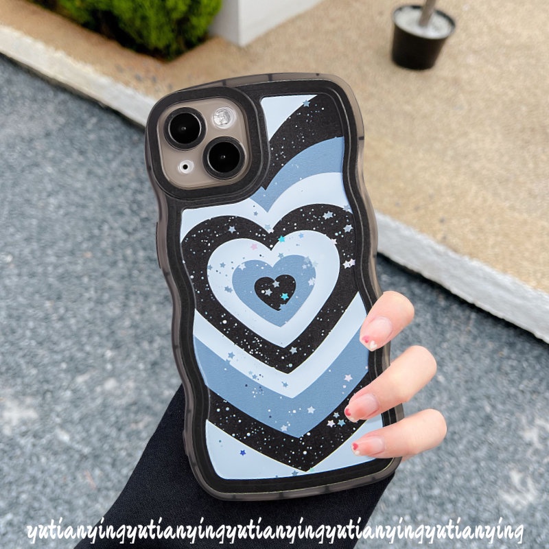 Gradient Love Heart Bling Stars Case Kompatibel Untuk iPhone 7Plus 11 12 13 14 Pro Max 8 6 14 7 6s Plus XR X XS Max SE 2020 Wavy Edge Soft Tpu Back Cover