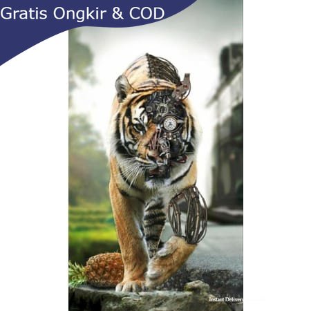 Lukisan murah poster murah hiasan dinding gambar harimau robot plus bingkai ukuran 65×45