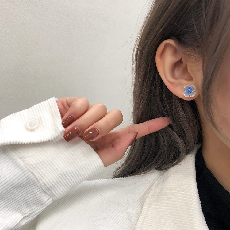 Korea Korea S925 Jarum Perak Anting Bunga Biru Kecil Perempuan Manis Anting Resin Perempuan Temperamen Anting Sederhana