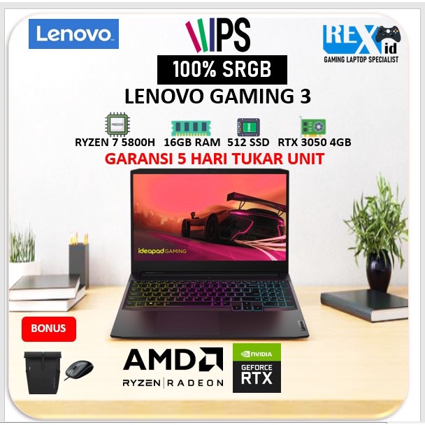 Laptop LENOVO GAMING 3 RESMI 100% SRGB RTX 3050 Ryzen 7 5800H 165HZ