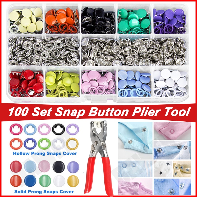 100set Snap Button Plier Tool Snaps Fastener Kit Kancing Snaps Cabang Metal Hollow Dan Solid Untuk Pasang Tas Baju Kancing Jahit Logam