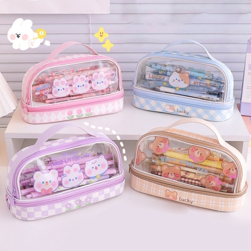 【Dapat menampung 70 pulpen】PVC Pencil  Kapasitas tinggi Case Kotak Pensil Sekolah Kapasitas Besar Dual Slot Trendy Stylish COD