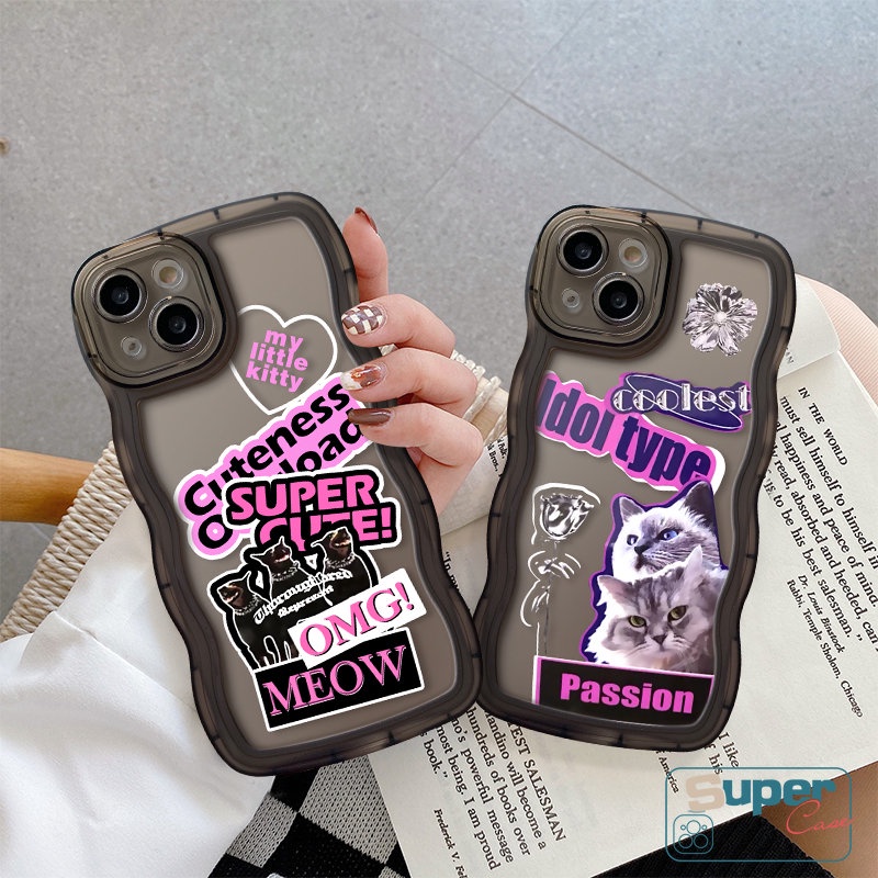 Casing Tepi Bergelombang Untuk Samsung A12 A14 A04s A04 A50 A23 A22 A32 A20 A02s A03s A50s A30s A13 A31 A04E A21s A52 A51 A33 A11 A52s A53 M22 M32 Trendy Brand Sticker Label Soft Case Kucing Keren