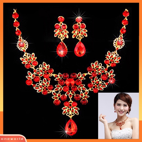 Set Anting Kalung Pengantin Pesta Pernikahan Liontin Alloy Warna Merah Emas