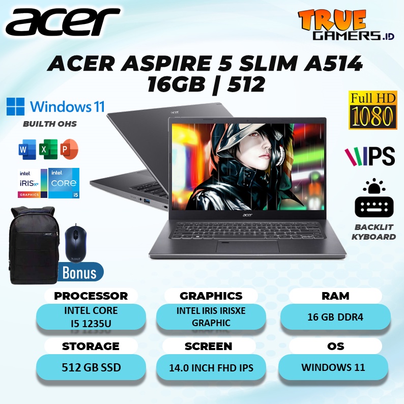 LAPTOP ACER ASPIRE 5 SLIM A514 I5 1235U 16GB 512SSD IRISXE WIN 11 14.0FHD IPS THUNDERB