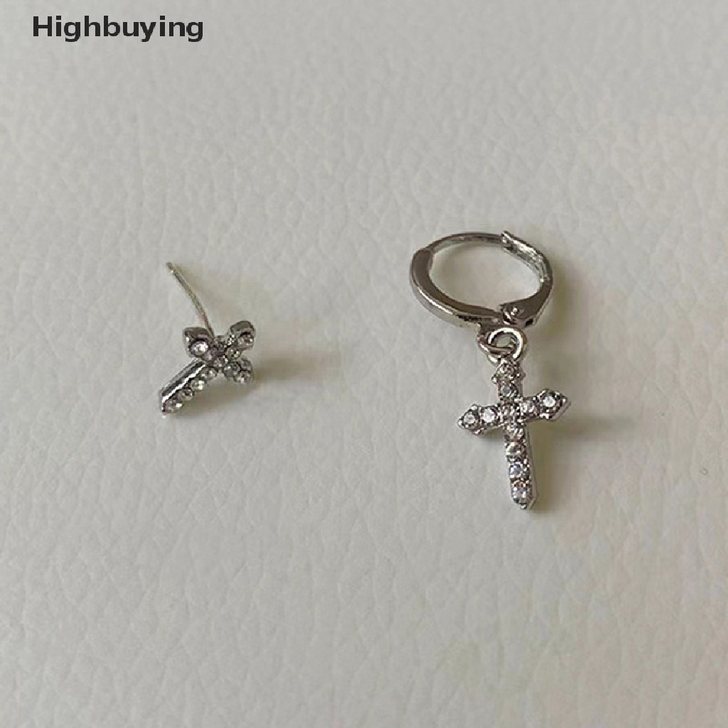 Hbid Kepribadian Asimetris Cross Stud Earrings Untuk Wanita Zirkon Mengkilap Liontin Salib Hoop Earring Hip Hop Punk Fashion Ear Studs Perhiasan Aksesoris Glory