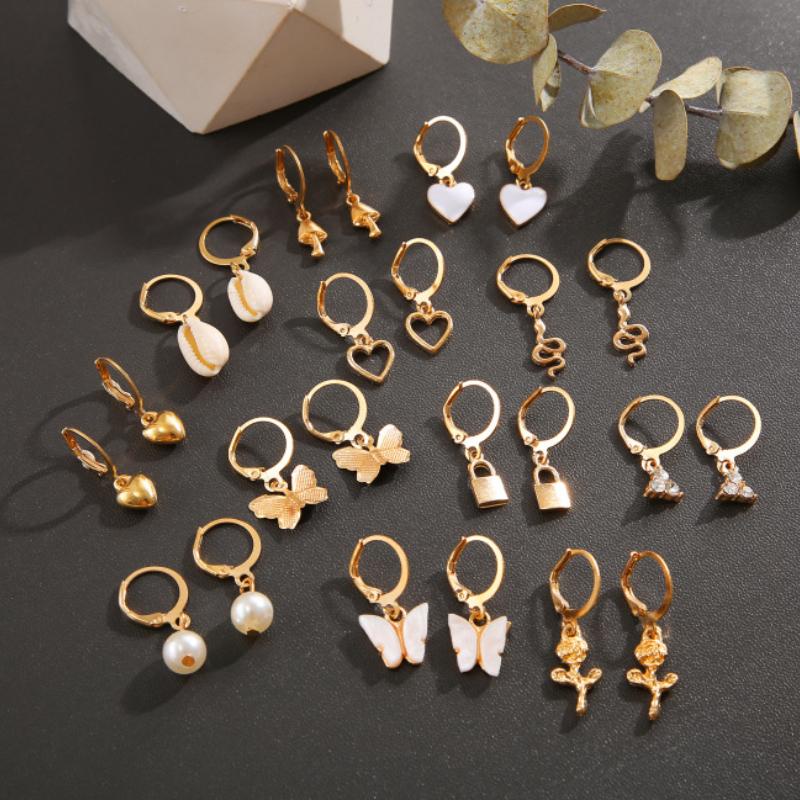 Anting Klip 12 Pasang / Set Mutiara Kristal Kupu Gembok Aksesoris Anting Korea
