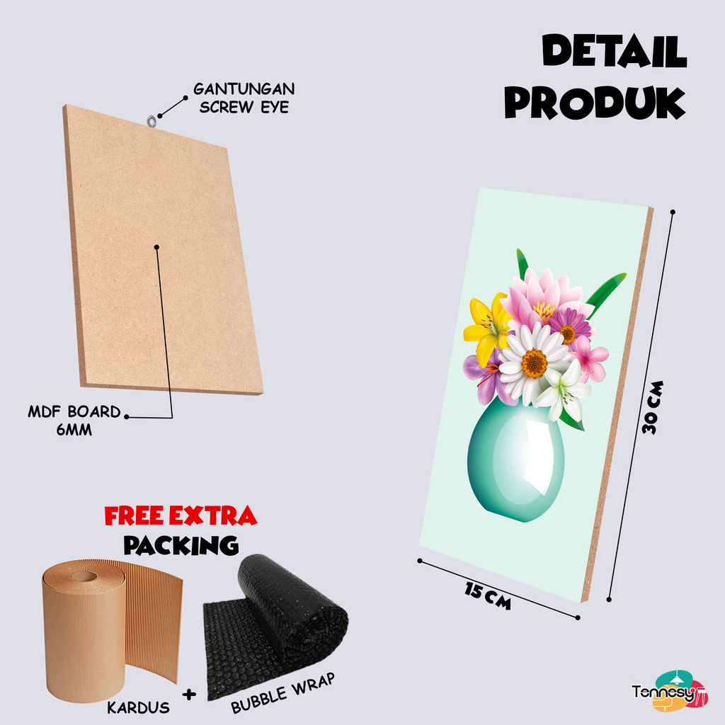 TENNESY Hiasan Dinding Flower Vas Bunga 15x30cm Dekorasi Dinding Ruang Tamu Wall Decor Pajangan Kayu Dekorasi Rumah