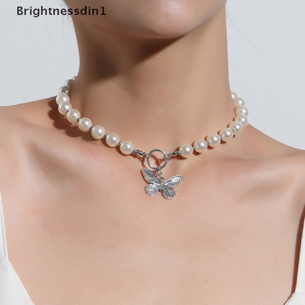 [Brightnessdin1] 1pc Kalung Rantai Manik Mutiara Liontin Kupu-Kupu Kalung Untuk Wanita Fashion Butik