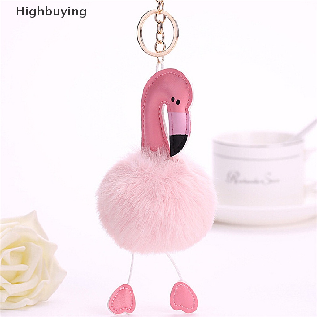 Hbid Gantungan Kunci Flamingo Fluffy Faux Rabbit Fur Ball Key Chain Wanita Gantungan Kunci Tas Mobil Glory