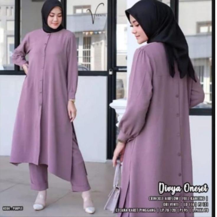 Viral Stelan Long Tunik Divya Cringkle Kemeja Kancing Depan Belakang/One Set Divya Cringkle Airflow 