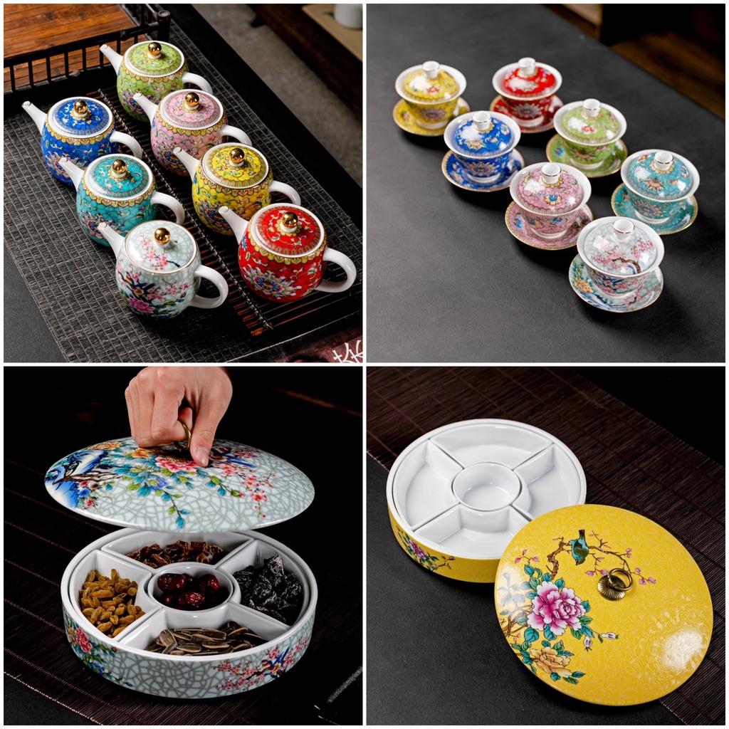 [Chinese Flowery] Ceramic Tea Pot Cup Snack Box - Teko Teh Mangkuk Set Snack Box Keramik Mewah Moder