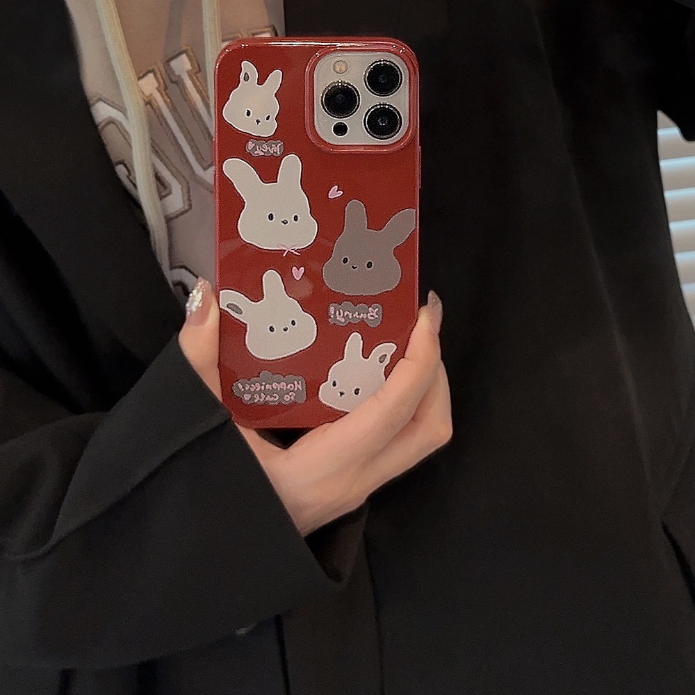 Ins Vintage Bunny Rabbits Wine Red Soft TPU Phone Case Back Cover Pelindung Untuk Iphone X XR XS 11 12 13 14 PLUS PRO MAX