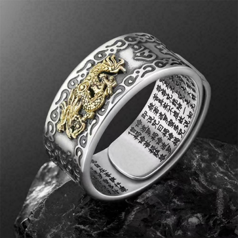 Vintage Turning Luck Naga Terbang Cincin Gaya China Perhiasan Aksesoris Pola Awan Keberuntungan Cincin Pria Mendominasi Text Cincin Hias