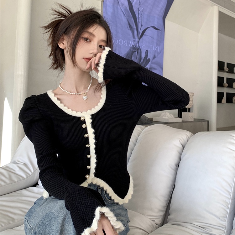 Red 2023 baru pencocokan warna renda lengan panjang rajutan top wanita musim semi manis dan pedas diri budidaya pelangsing angin harum kecil sweater