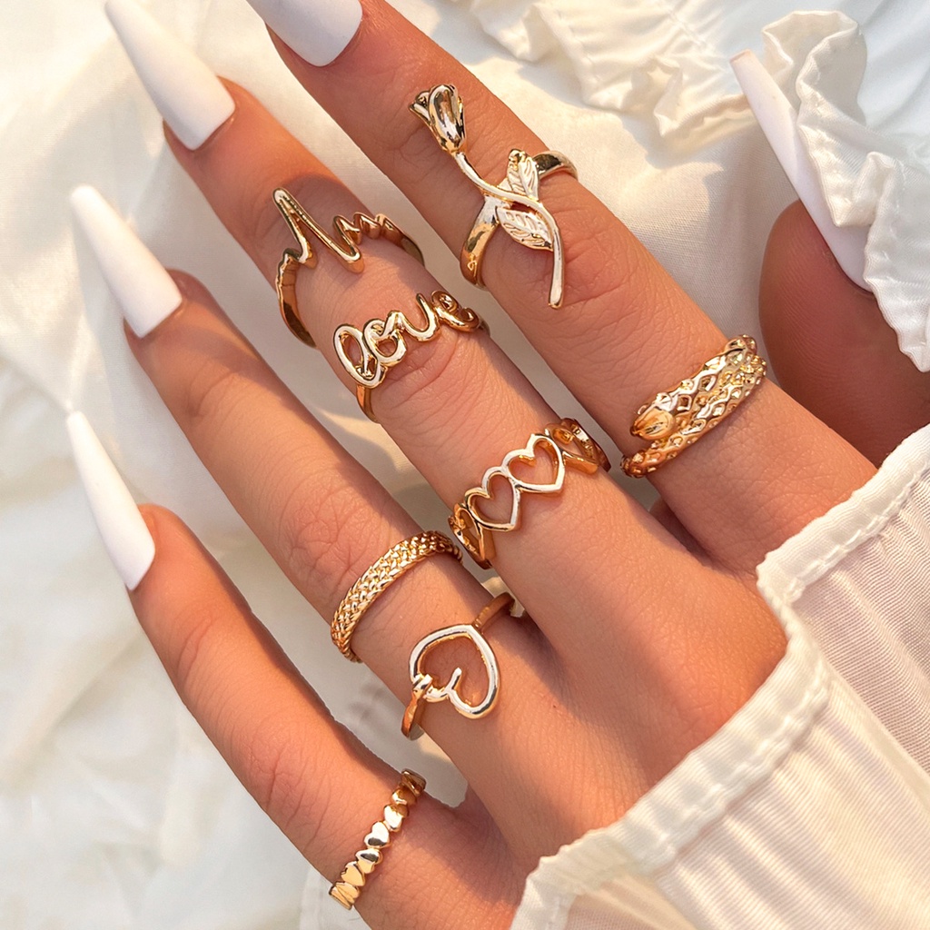 Design Sense Retro Love Rose Cincin Cinta Surat L0VE Snake Rose Lightning Ring Set