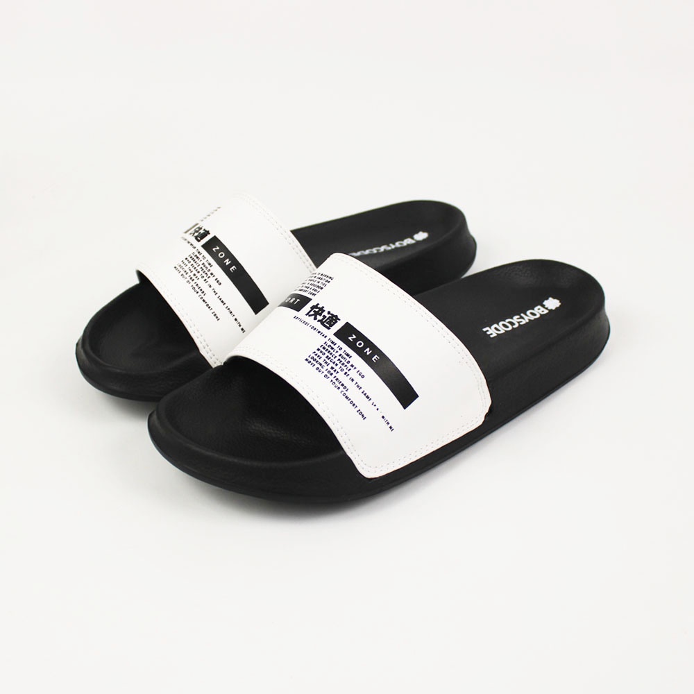 Sendal Slop Pria Wanita BOYSCODE Comfort Zone Hitam Putih / Slide Pria / Slip On Pria / Sendal Cowok / Sendal Cewek