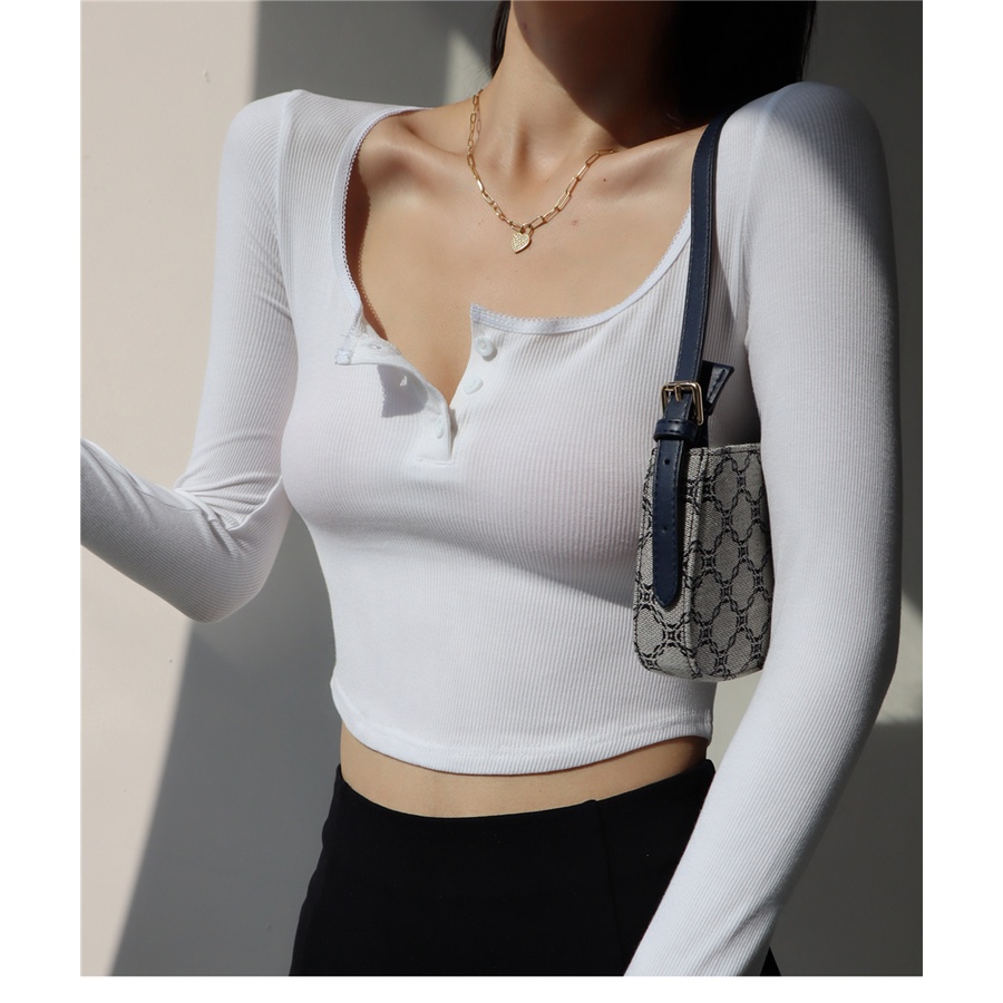 [Premium] Kaos Wanita Korean Scoop Neck Knit Import Crop Top Elastic Baju Atasan Lengan Panjang Tee