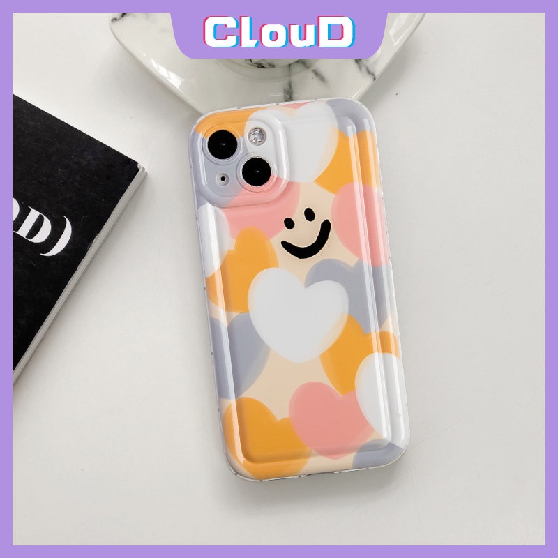 IPHONE Casing Ponsel Airbag Cinta Hati Warna-Warni Kompatibel Untuk Iphone11 14 12 13 Pro Max X XR 78 6s 6 Plus XS Max SE 2020 Kartun Smiley Lembut Tpu Pelindung Kamera Shockproof Cover