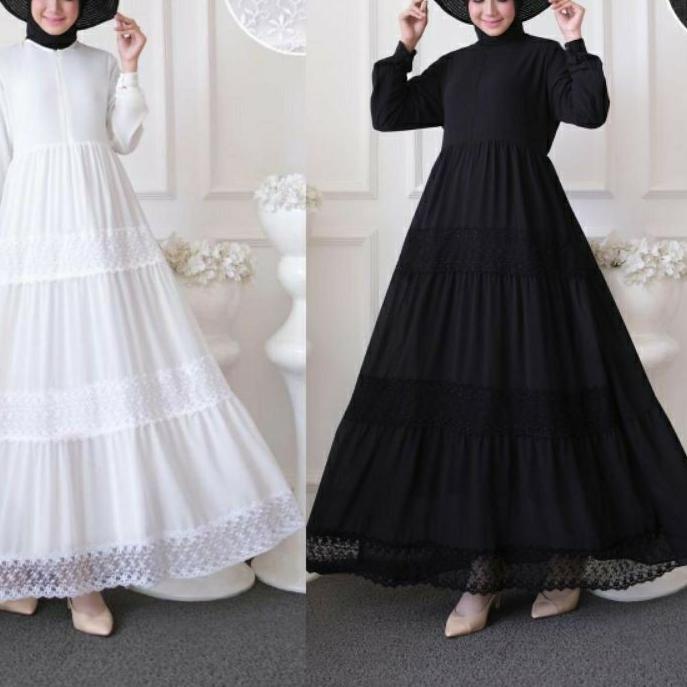 ▼ Griya Falda - Gamis Ceruty Renda Rayya Hitam Putih Polos ❁