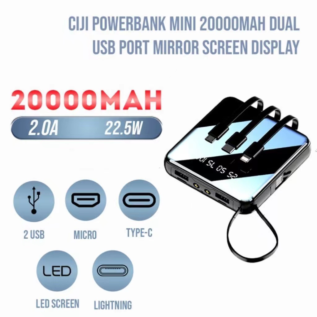 Powerbank 20000mAh 3 Kabel Pengisian Cepat Kapasitas Penuh Mini Dual USB Portable Digital Display LED
