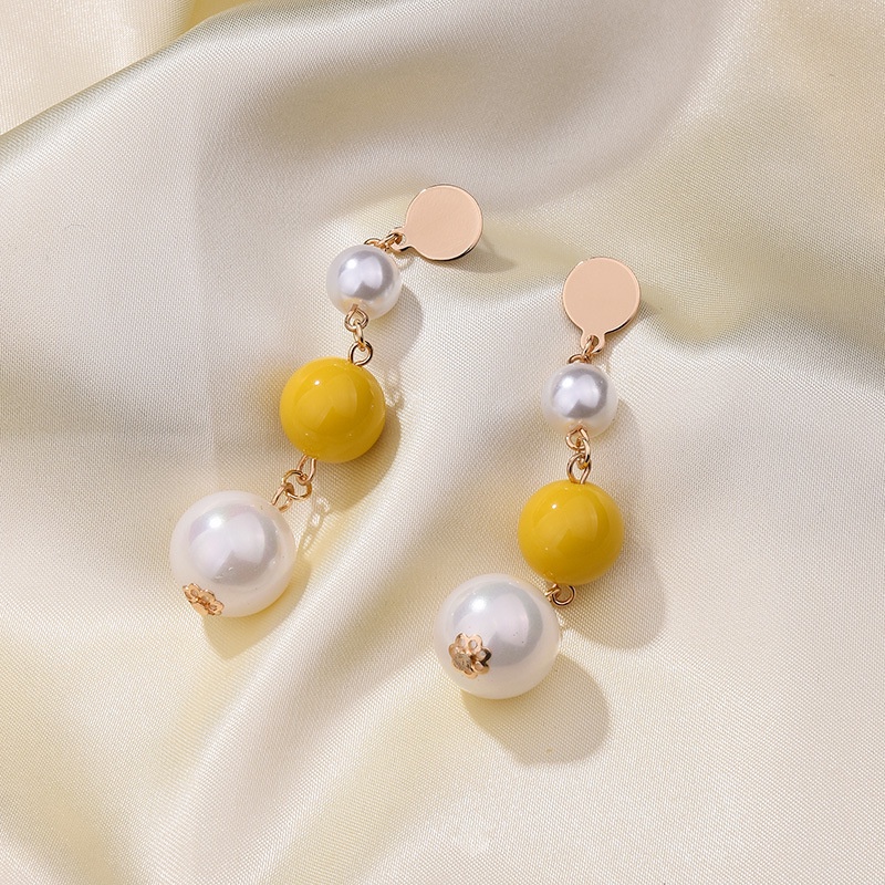 S925 Jarum Perak Korea Manik-Manik Mutiara Warna Panjang Merangkai Kuning Anting Earrings Wanita